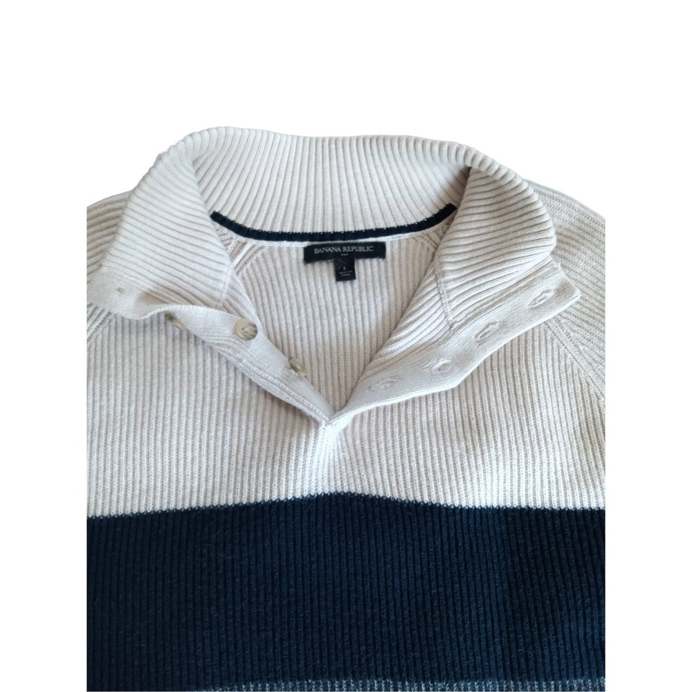 Banana Republic Men's Button Up Sweater - Cream, Navy, Gray Coastal, Preppy Sz L - Picture 5 of 11